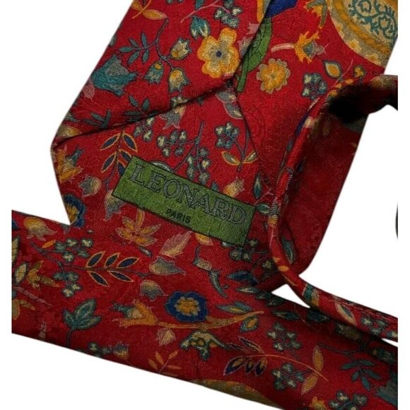 LEONARD Men's 100% Silk Necktie LUXURY Tie Red Floral Leaf W:3.8" EUC - Picture 2 of 5